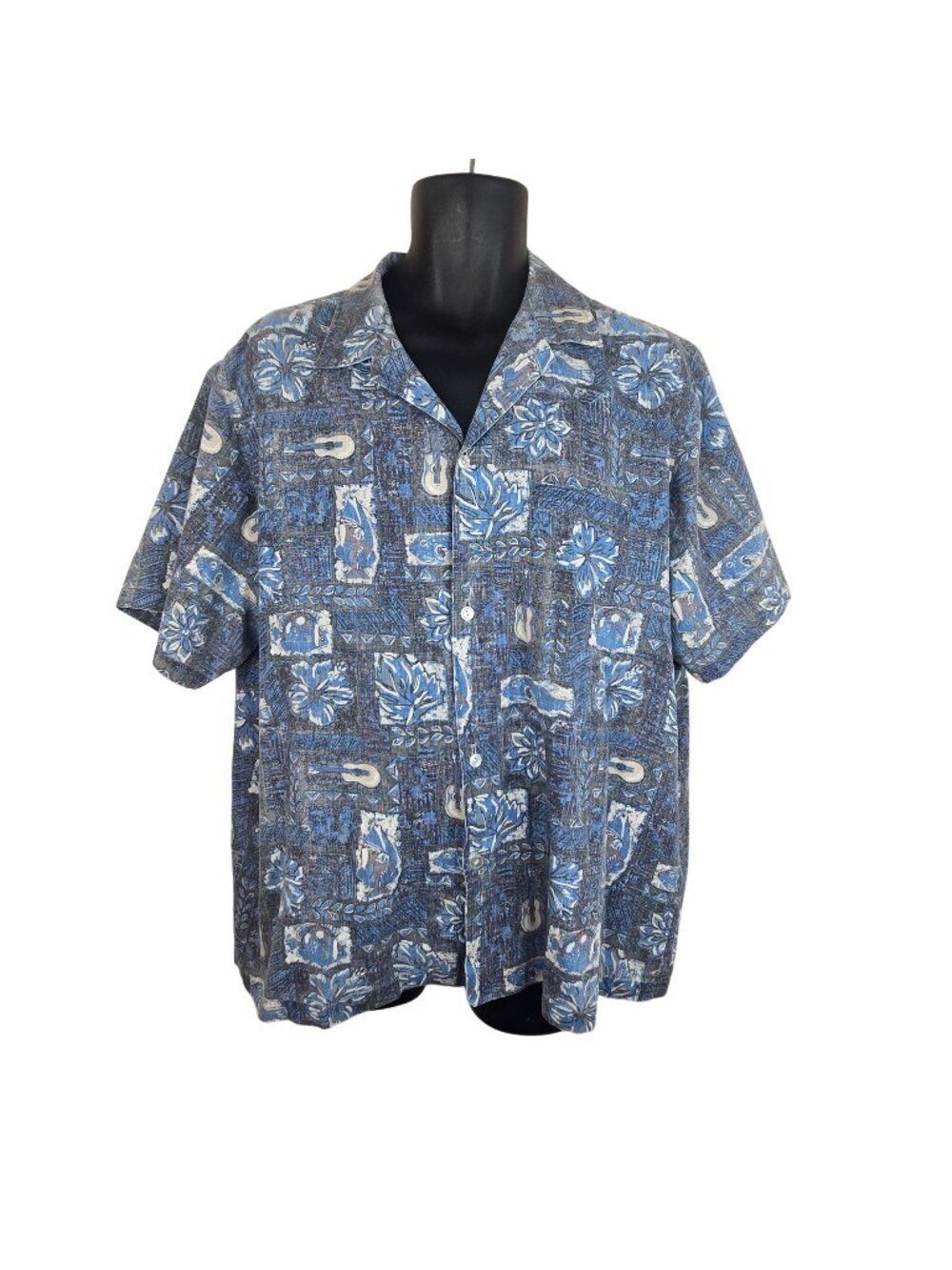 Vintage Nui Nalu Hawaiin Aloha Shirt Blue Gray Short Sleeve Mens XL Reverse Prin
